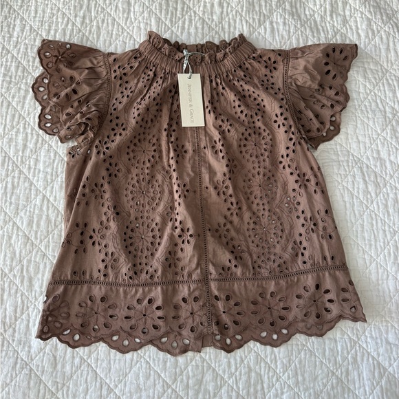 NWT 100% Cotton Brown Eyelet Lace Top - Picture 1 of 8